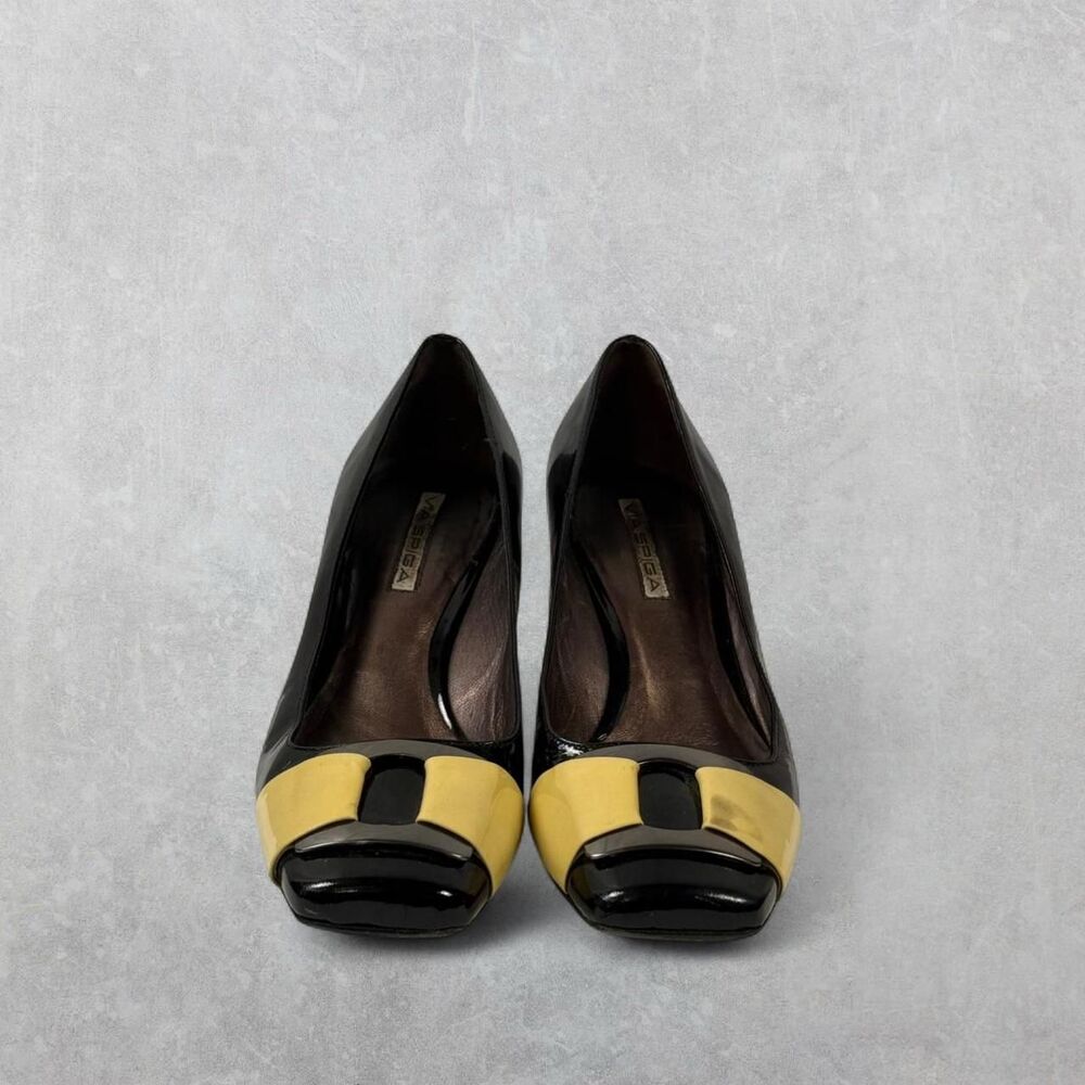 Y2K Via Spiga Black Patent Leather Chrome Buckle Square Toe Heels